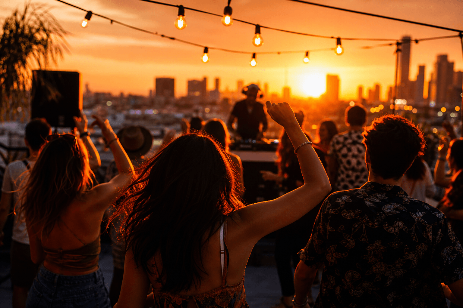 Rooftop party at golden hour
