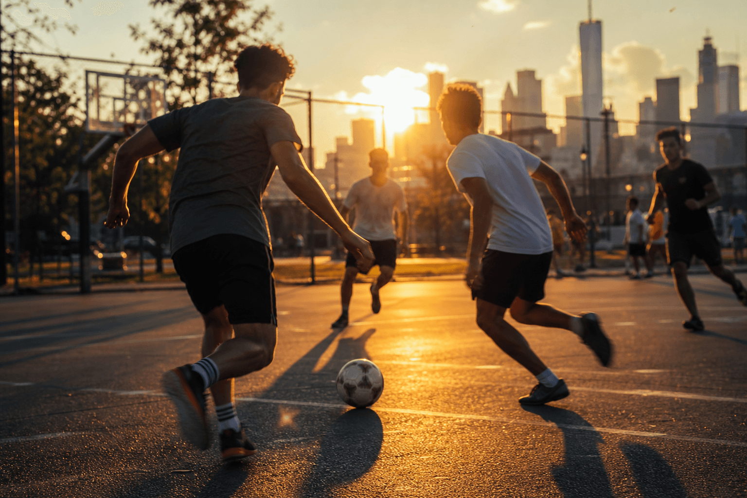 Pickup soccer game at golden hour